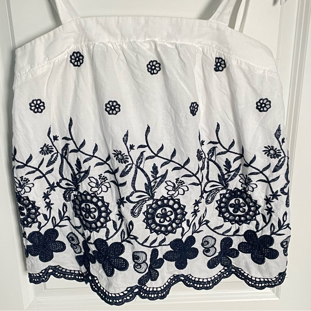 Draper James White Tank Top with Navy Blue Embroidered Floral Border - Picture 5 of 16